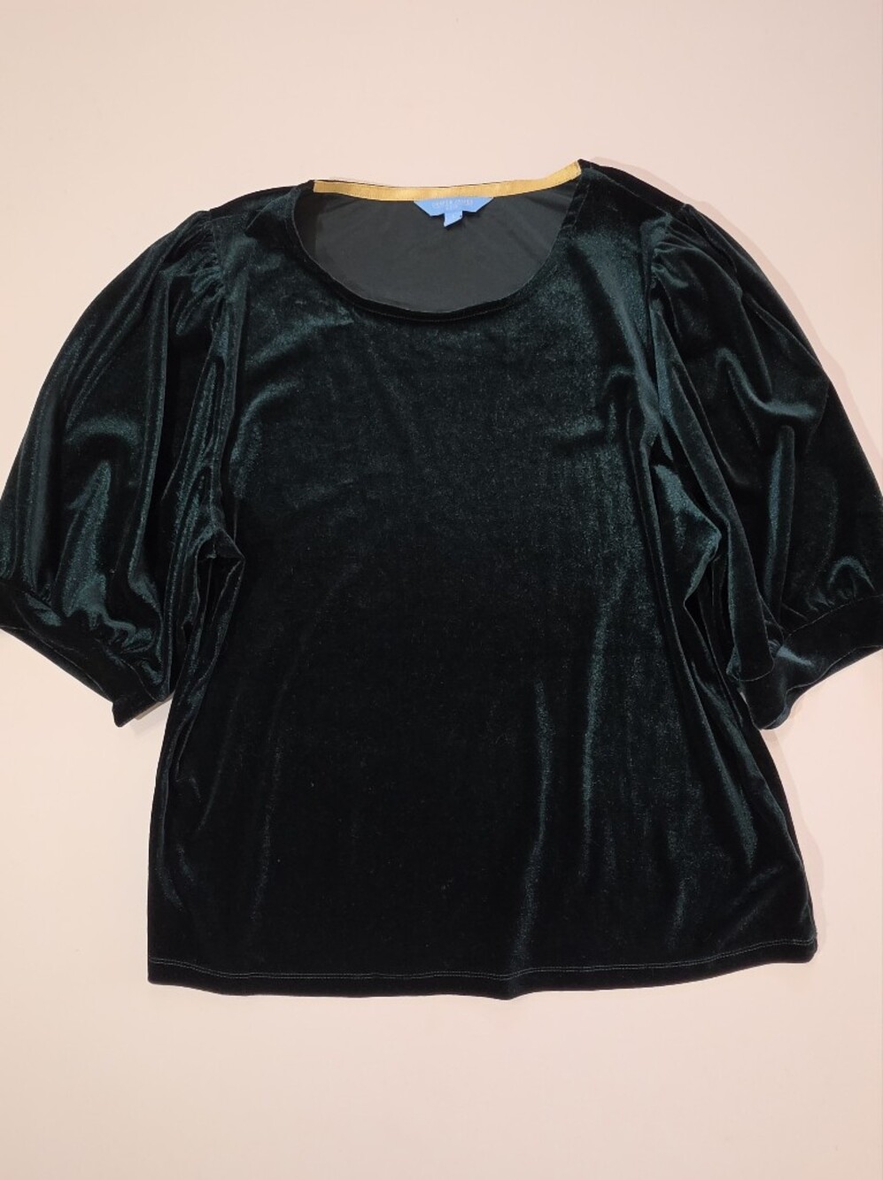 Draper James Velvet Top Womens Large Emerald Green Puff Sleeve Dressy Blouse
